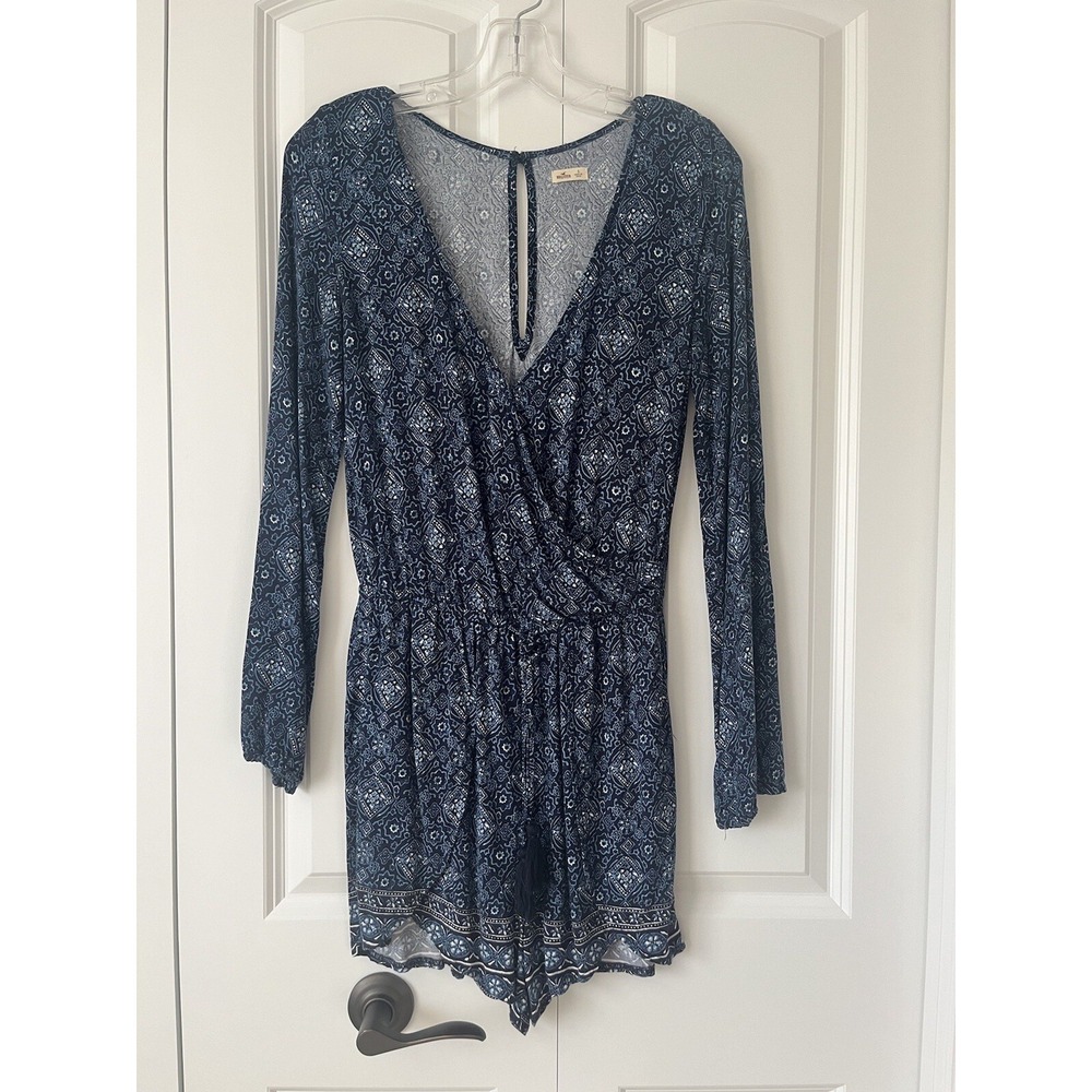 Hollister Y2K SM Navy Floral Romper V-Neck Boho Tassels Long Sleeves Festival